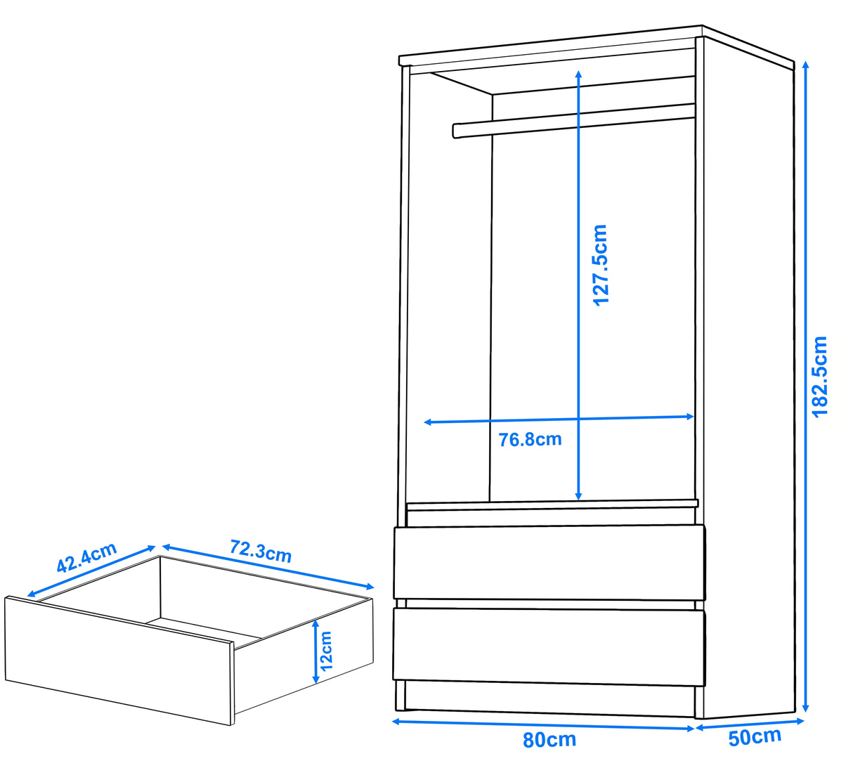 dimensions of high gloss 2 door wardrobe with drawers: 182.5 cm height,  80cm width and 50 cm depth, with 12 cm deep drawers