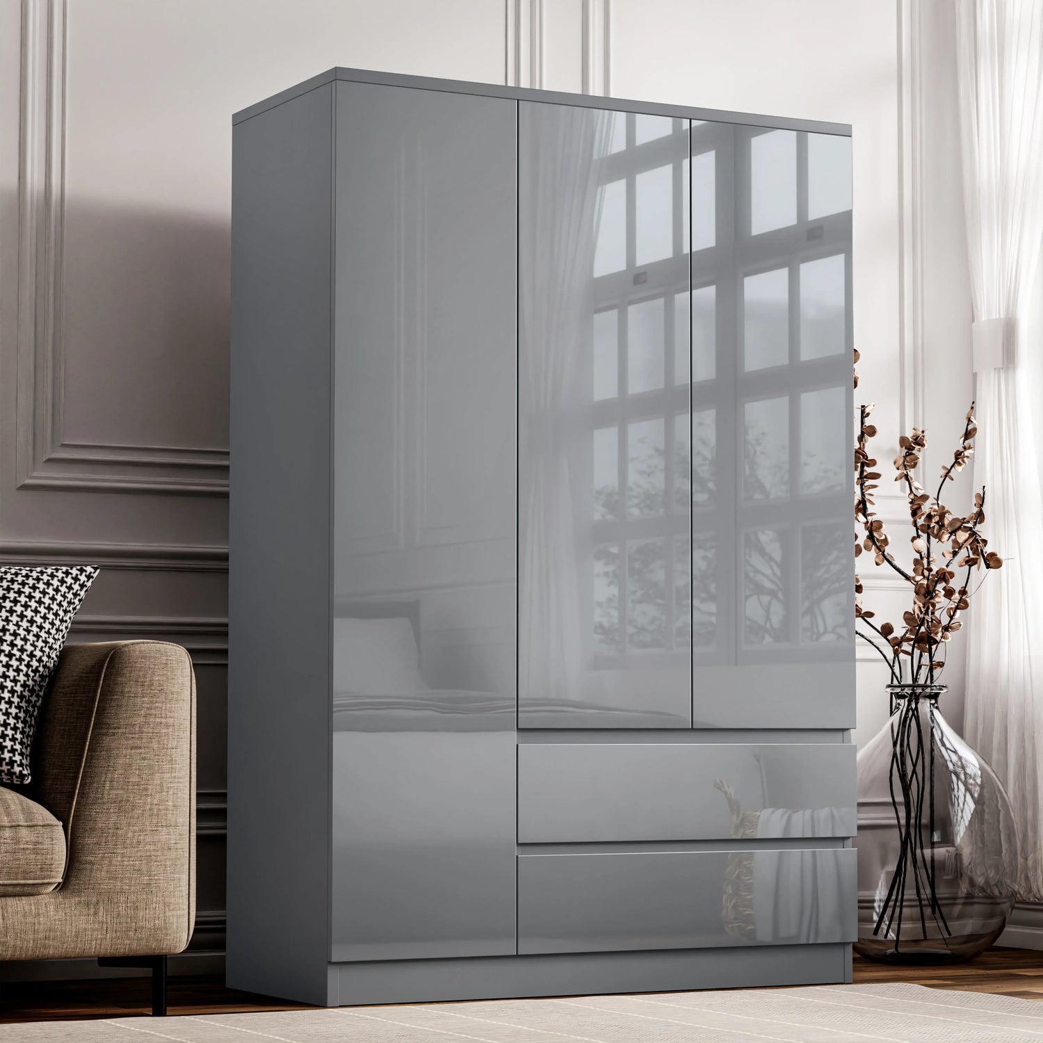 high gloss 3 door grey wardrobe with drawers and shelves, featuring handleless drawers and doors placed in room's corner