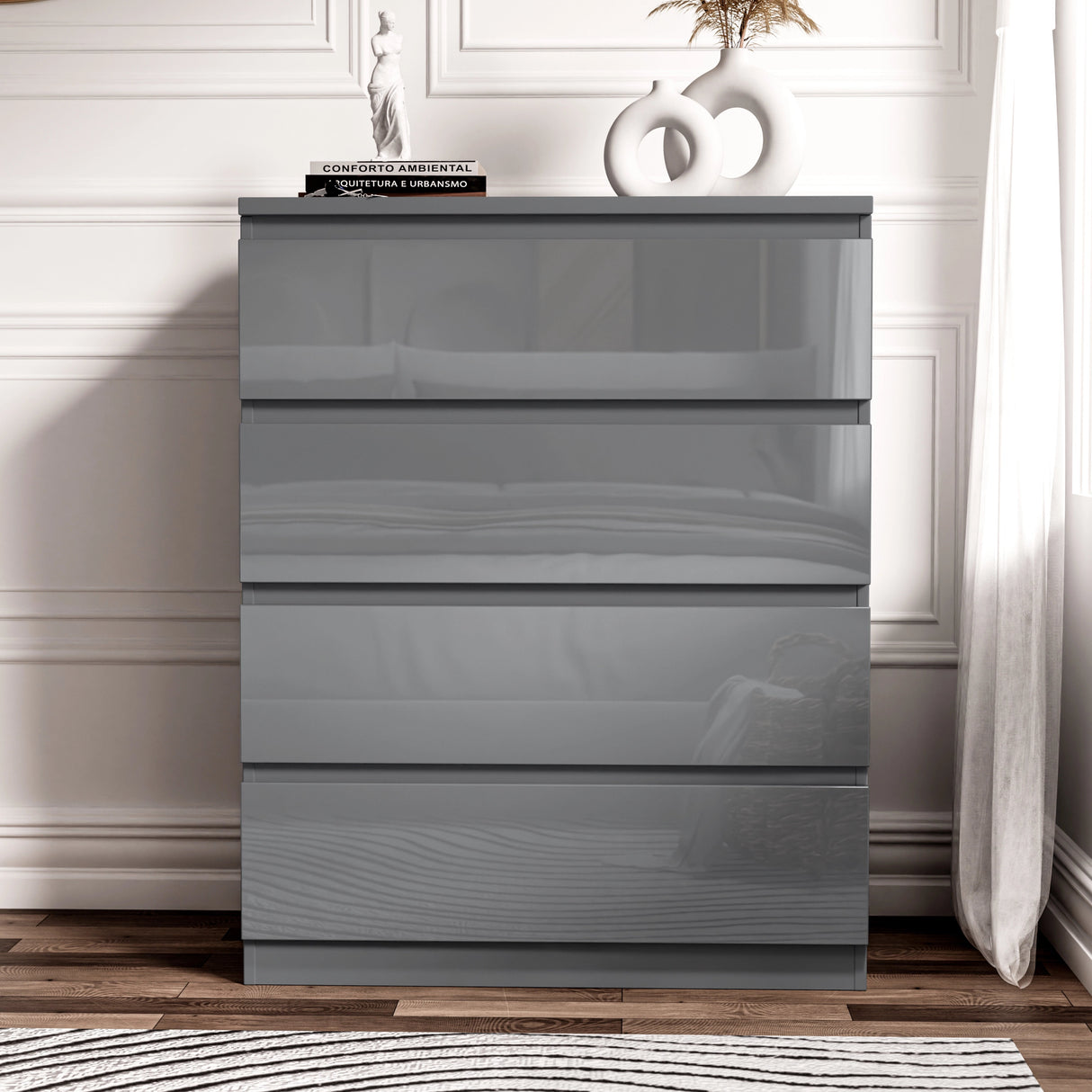 Gray dresser with three drawers in a room setting