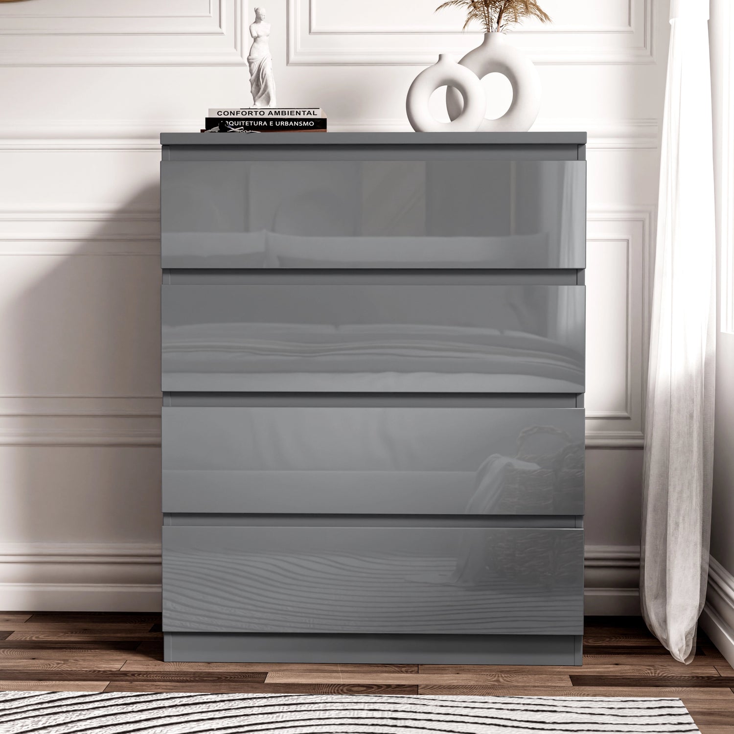 Gray dresser with three drawers in a room setting