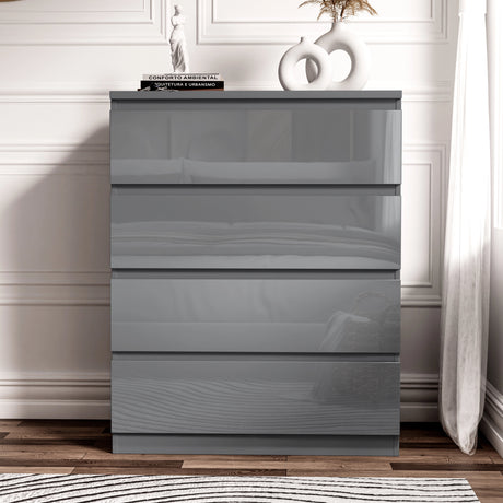 Gray dresser with three drawers in a room setting