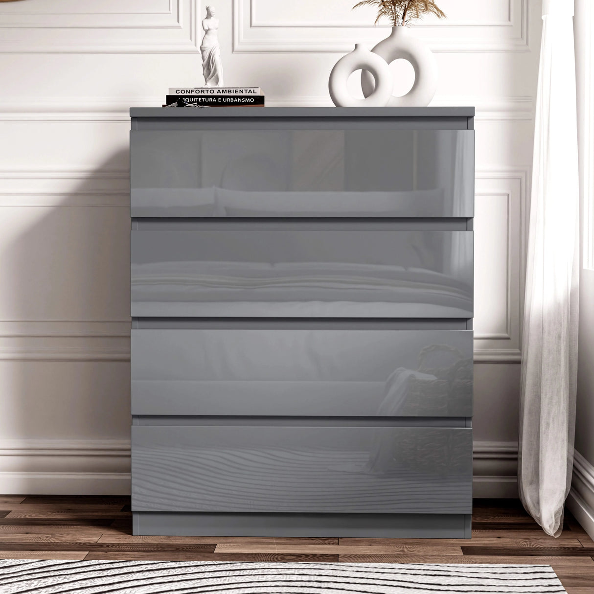 Gray dresser with three drawers in a room setting
