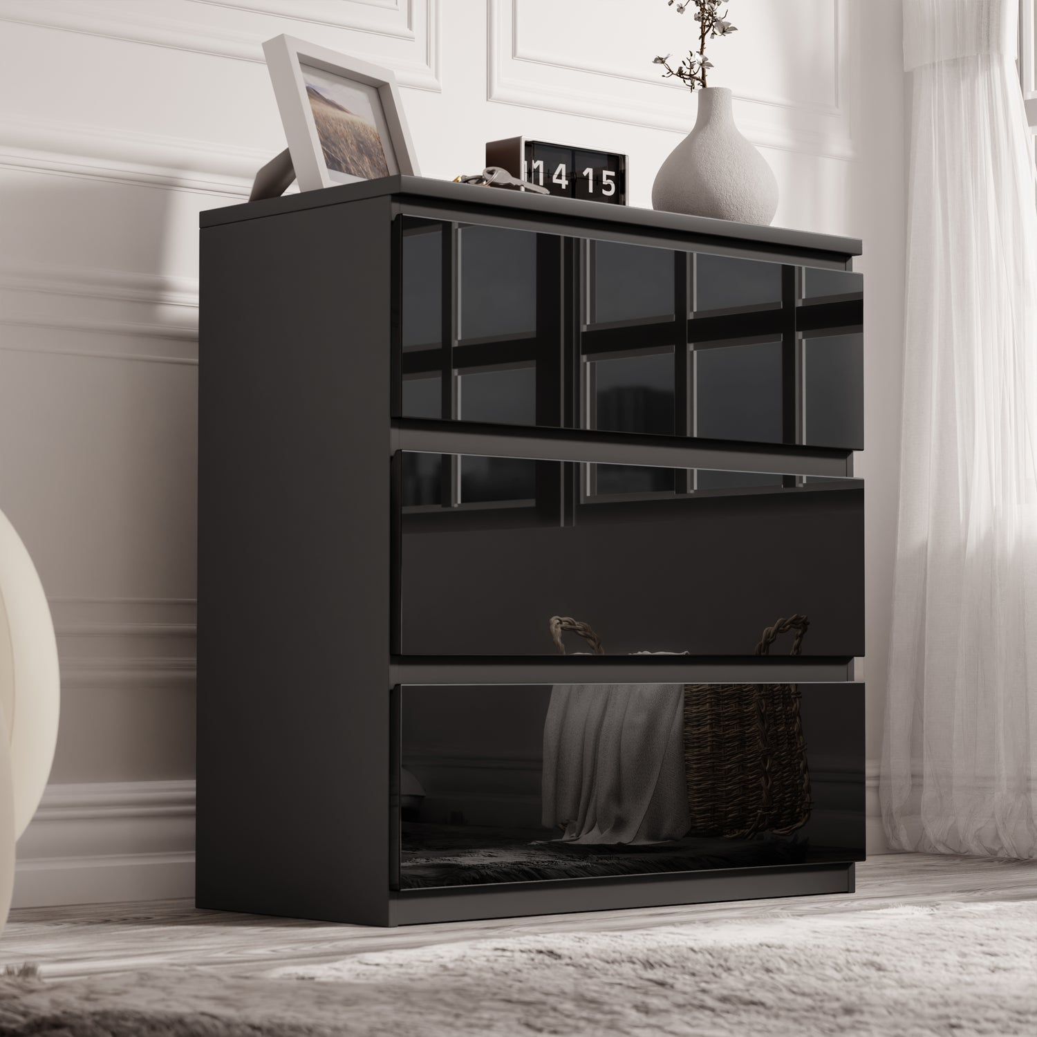 High Gloss 3 Drawer Chest in sleek black finish with handleless design, ideal for modern bedrooms. Compact small chest of drawers for stylish storage.