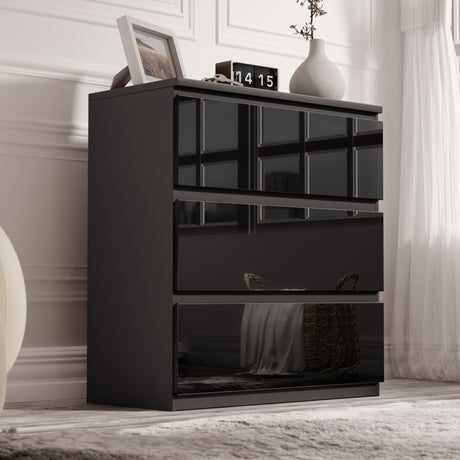 High Gloss 3 Drawer Chest in sleek black finish with handleless design, ideal for modern bedrooms. Compact small chest of drawers for stylish storage.