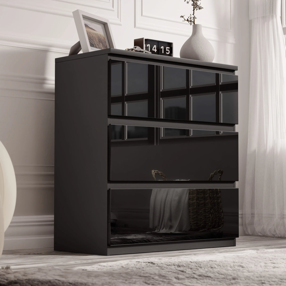 High Gloss 3 Drawer Chest in sleek black finish with handleless design, ideal for modern bedrooms. Compact small chest of drawers for stylish storage.