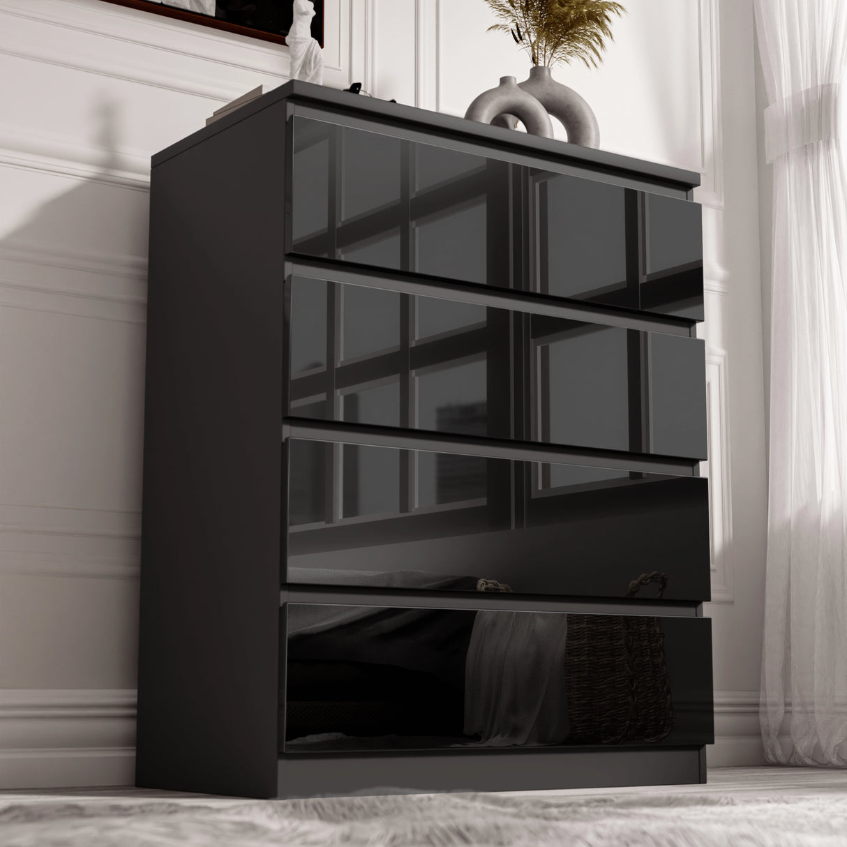 High Gloss 4 Drawer Chest of Drawers in sleek black finish with handleless design, ideal for modern bedroom storage and organization.