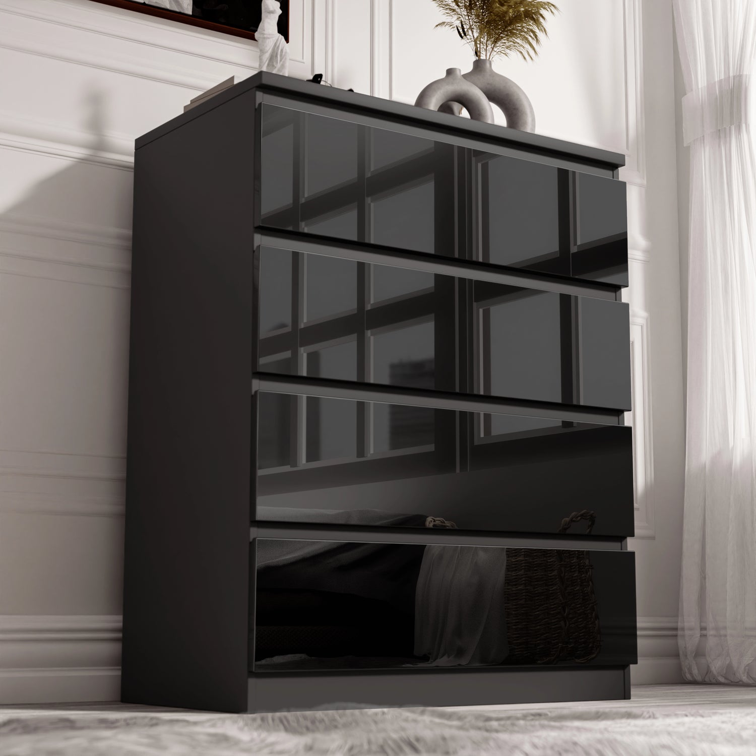 High Gloss 4 Drawer Chest of Drawers in sleek black finish with handleless design, ideal for modern bedroom storage and organization.