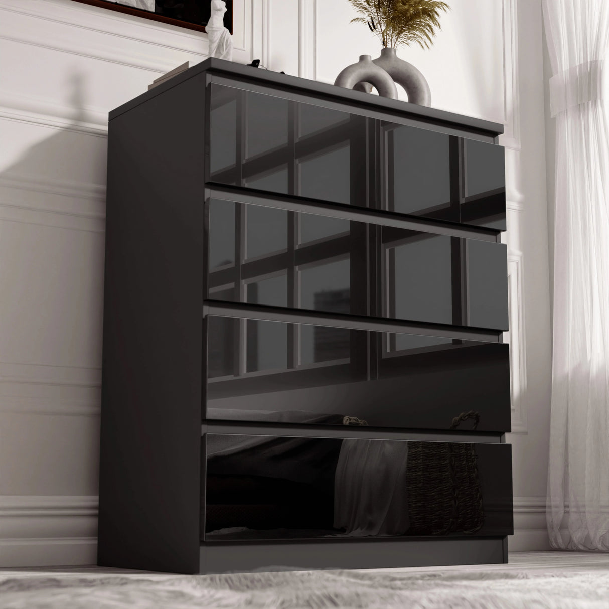 High Gloss 4 Drawer Chest of Drawers in sleek black finish with handleless design, ideal for modern bedroom storage and organization.