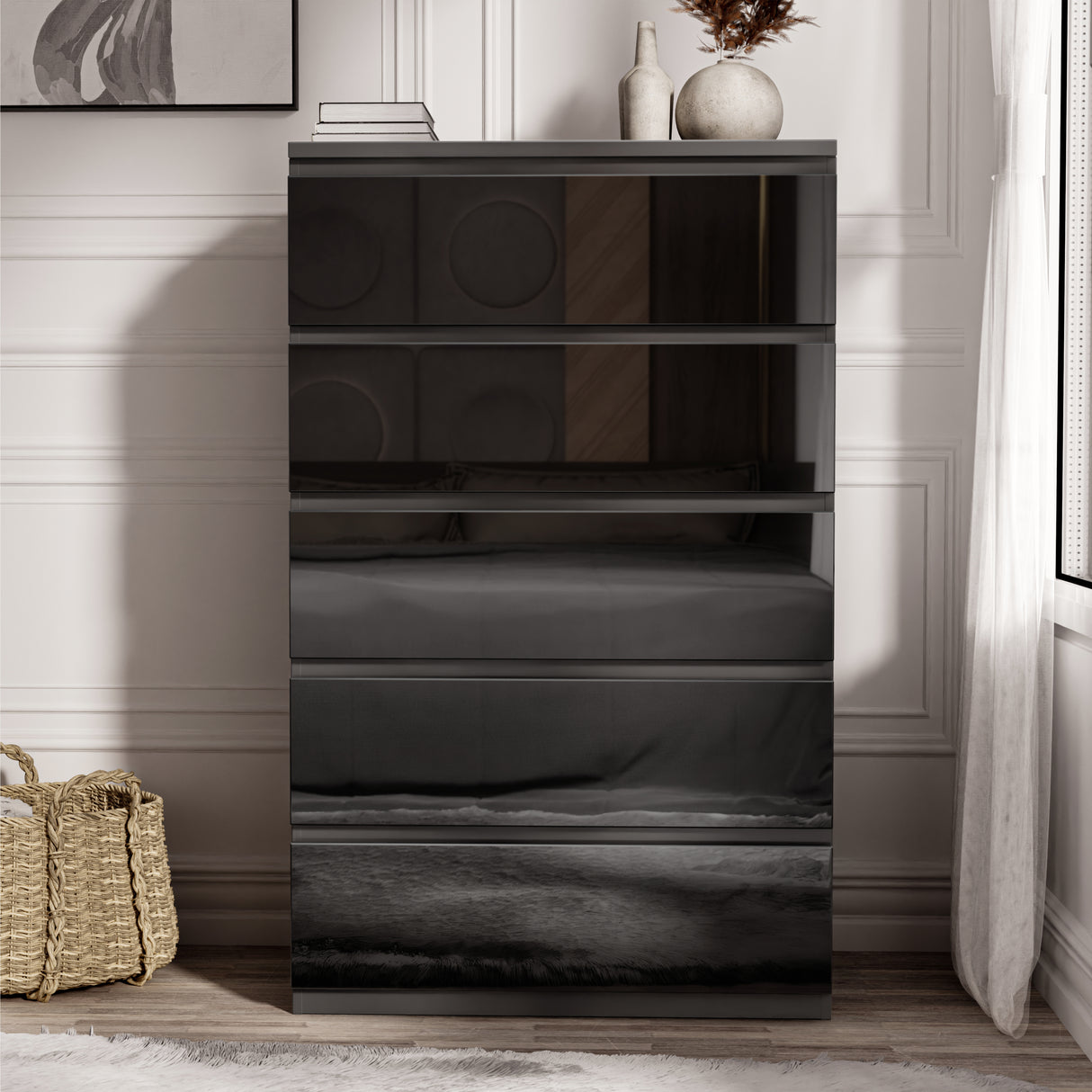 High Gloss Tall Chest of Drawers with 5 spacious drawers in sleek black finish, ideal for modern bedroom storage and organization.