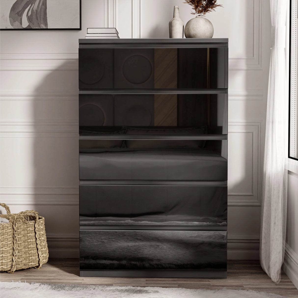 High Gloss Tall Chest of Drawers with 5 spacious drawers in sleek black finish, ideal for modern bedroom storage and organization.