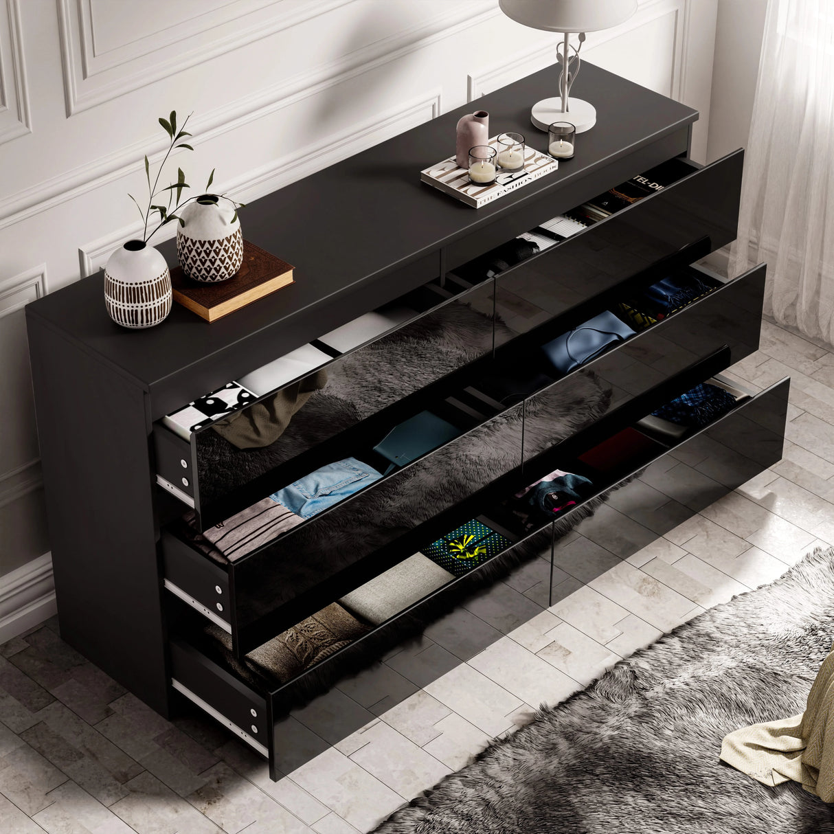 High Gloss Large 6 Drawer Chest of Drawers | Bedroom Dresser in black finish with open drawers showing organised clothes, ideal for modern bedrooms.