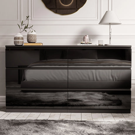High Gloss Large 6 Drawer Chest of Drawers | Bedroom Dresser in sleek black finish with modern design, perfect for contemporary bedroom storage.