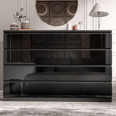 High Gloss Wide 8 Drawer Chest of Drawers in black finish, ideal for modern bedroom storage. Sleek dresser with spacious drawers and reflective surface.