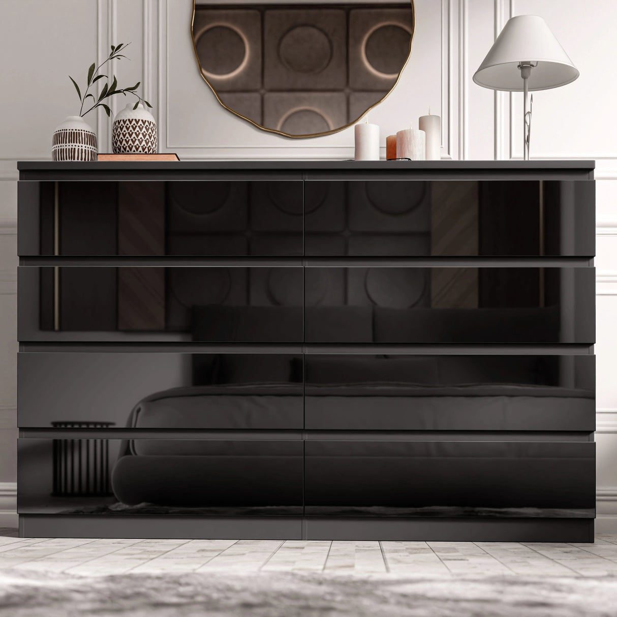 High Gloss Wide 8 Drawer Chest of Drawers in black finish, ideal for modern bedroom storage. Sleek dresser with spacious drawers and reflective surface.