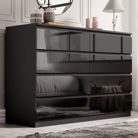 High Gloss Wide 8 Drawer Chest of Drawers in black finish, modern bedroom dresser with sleek reflective surface and ample storage space.