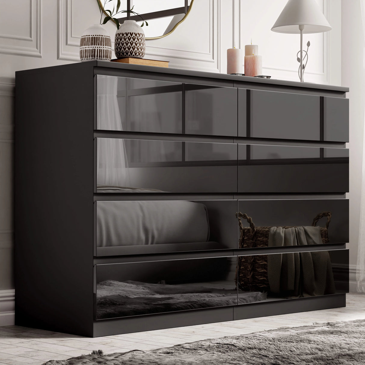 High Gloss Wide 8 Drawer Chest of Drawers in black finish, modern bedroom dresser with sleek reflective surface and ample storage space.