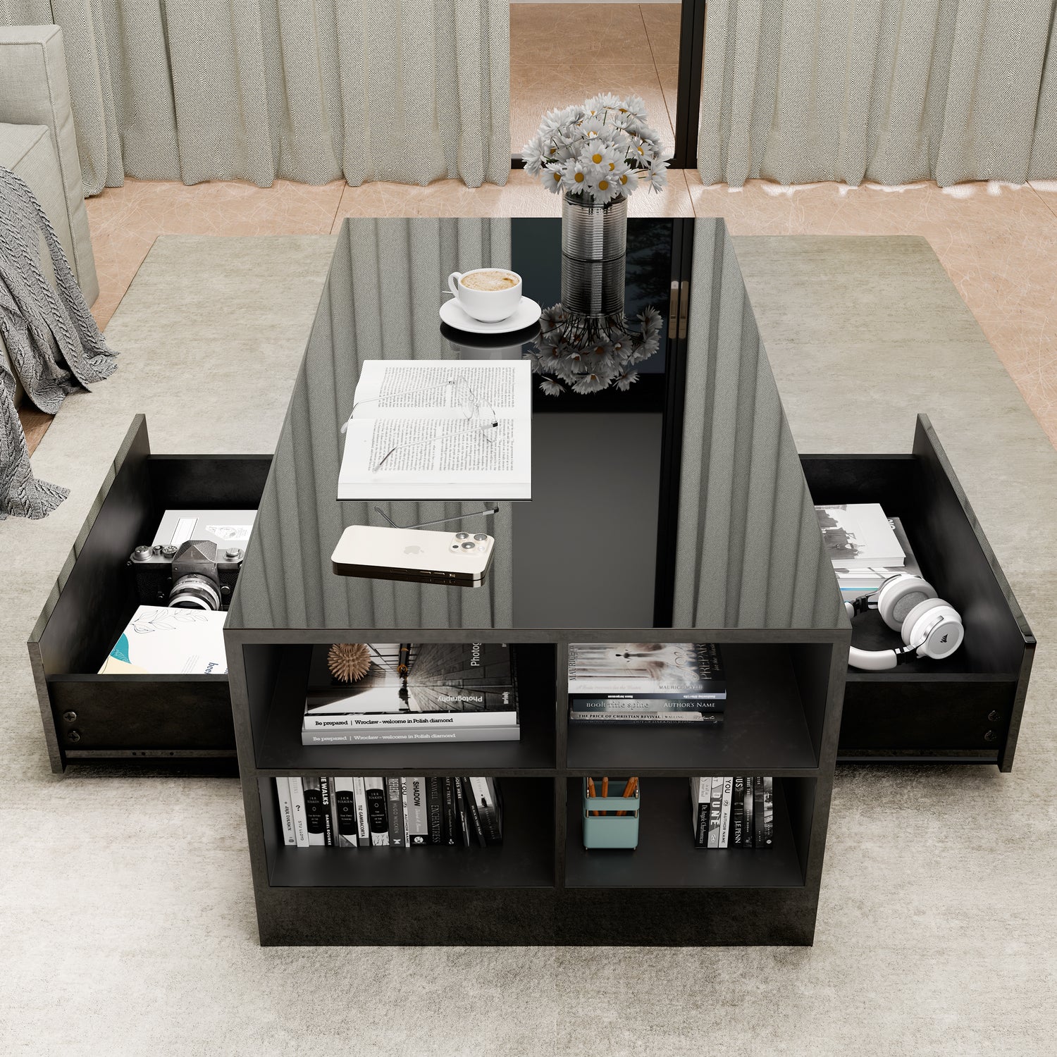 Modern black gloss coffee table with 2 drawers and LED-lit center shelf, ideal for stylish storage and decor.