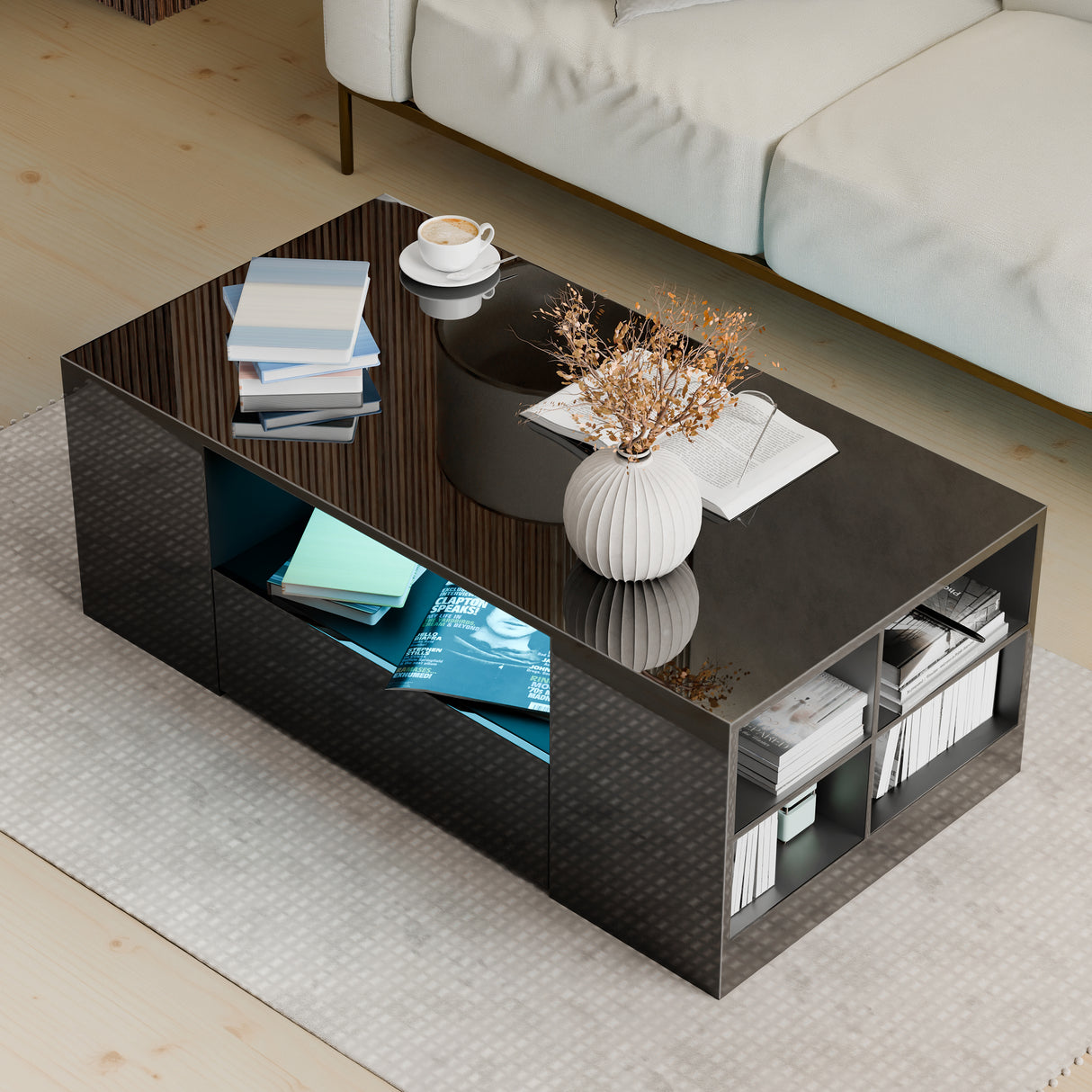 Glossy black coffee table with LED lights and side shelving, offering a sleek and functional centerpiece for living rooms.