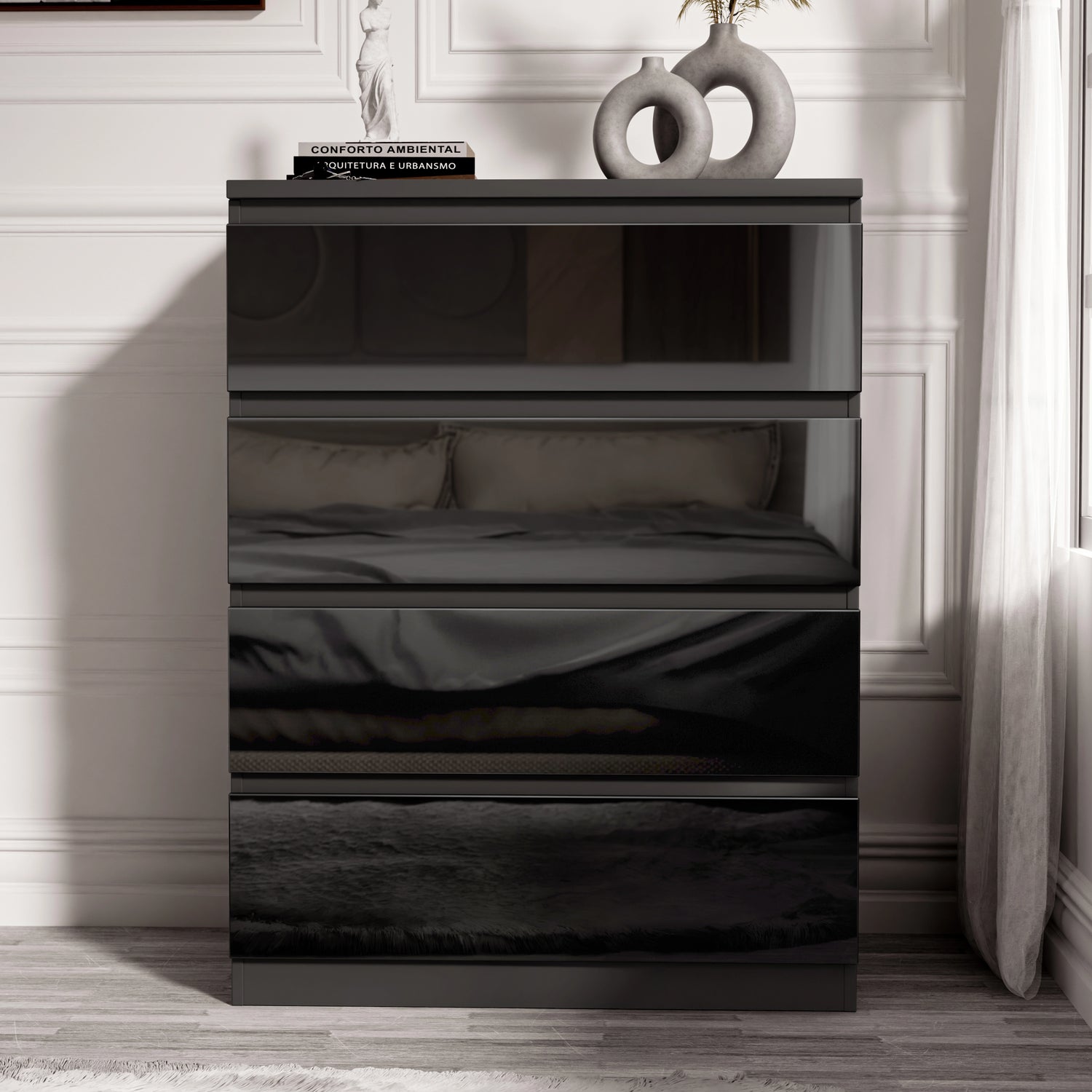 High Gloss 4 Drawer Chest of Drawers in sleek black finish with handleless design, ideal for modern bedroom storage and organization.