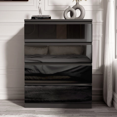 High Gloss 4 Drawer Chest of Drawers in sleek black finish with handleless design, ideal for modern bedroom storage and organization.
