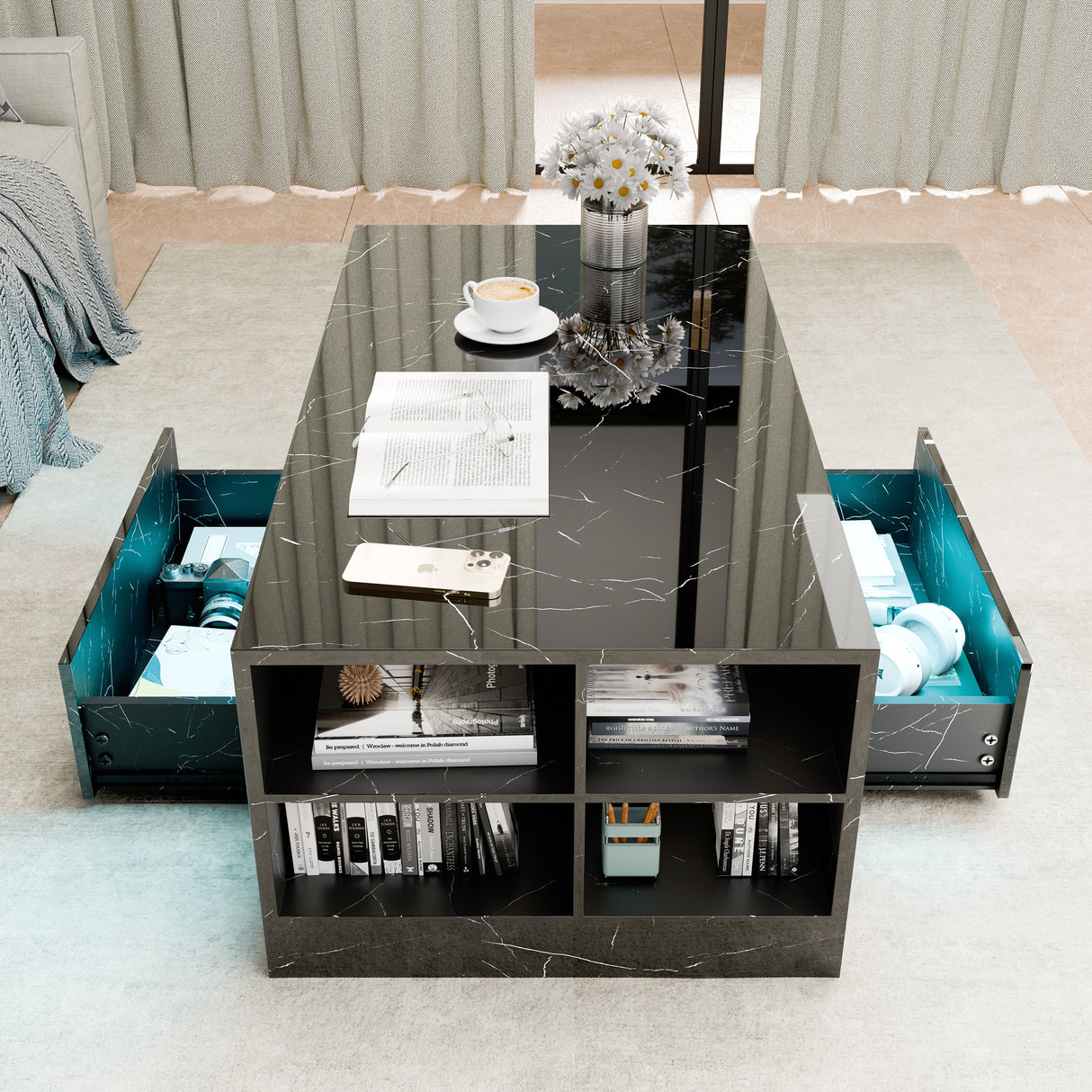 Modern black marble coffee table with 2 drawers and LED-lit center shelf for elegant and functional storage.