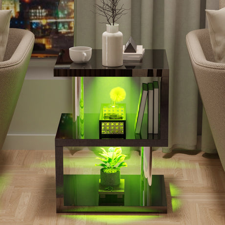 Black LED end table with green lighting and glossy finish, featuring 3 shelves for stylish and functional storage.