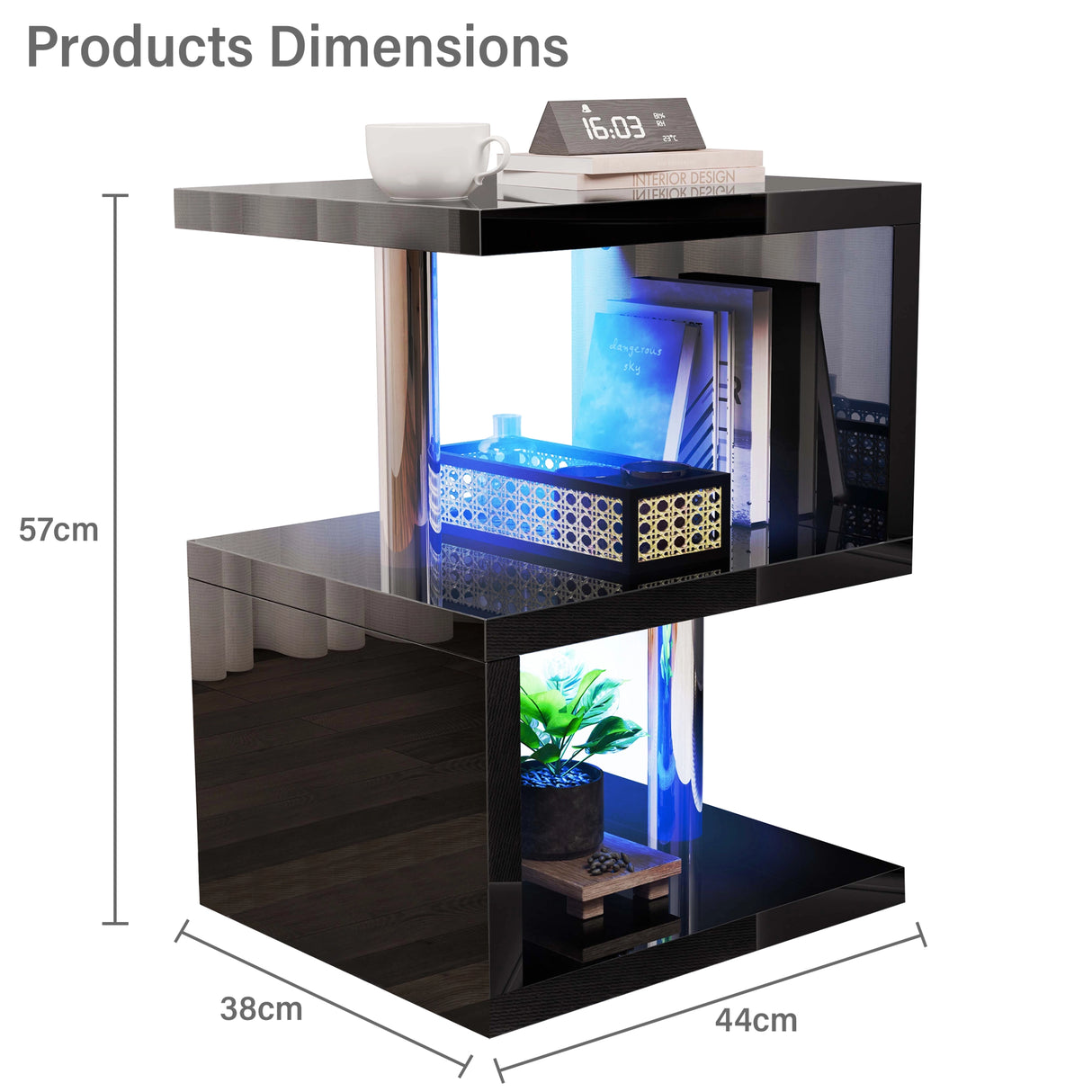 Product dimensions of black high gloss LED side table: 57cm height, 44cm width, and 38cm depth for space-saving use.