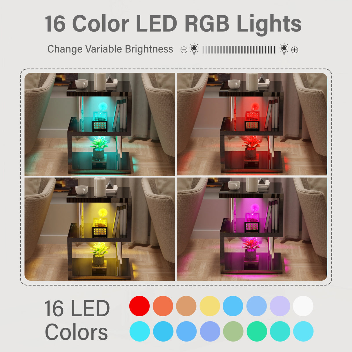 RGB LED color options for black high gloss end table, offering 16 lighting modes with adjustable brightness.