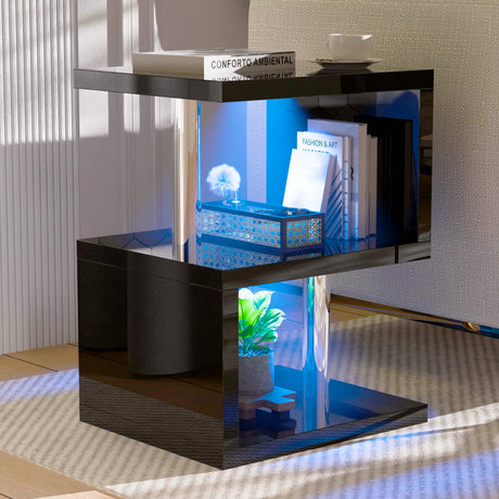 Black high gloss LED sofa side table with blue lighting and 3-tier storage, perfect for modern living room decor.