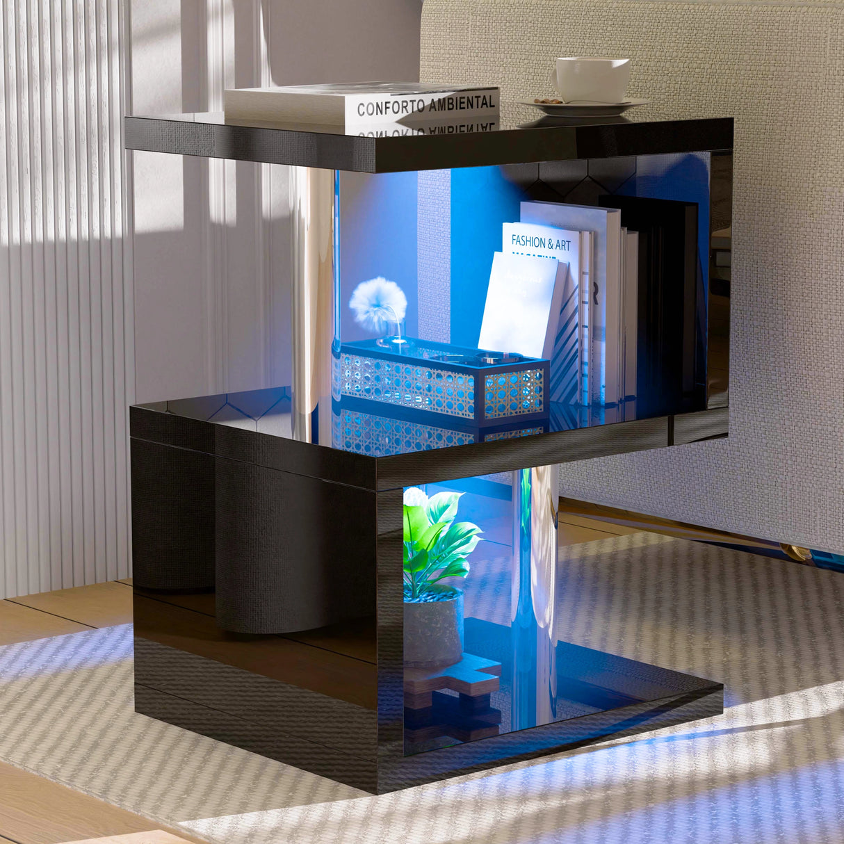 Black high gloss LED sofa side table with blue lighting and 3-tier storage, perfect for modern living room decor.