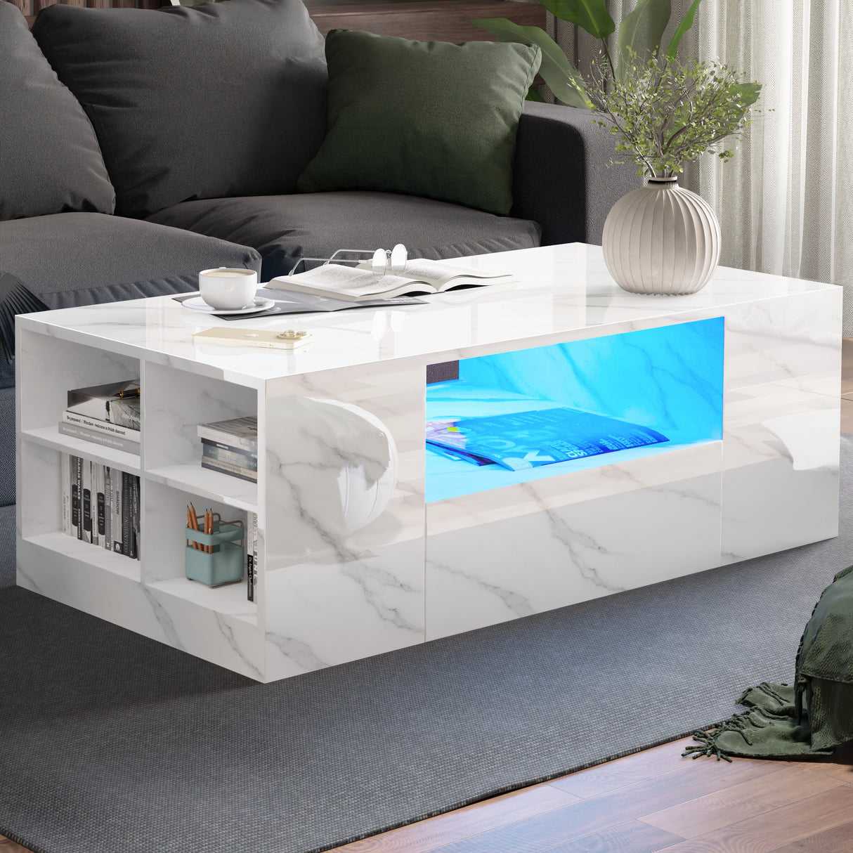 Led Coffee Table with Storage Drawers in white marble high gloss finish featuring open shelves and blue LED lights, ideal for modern living rooms.