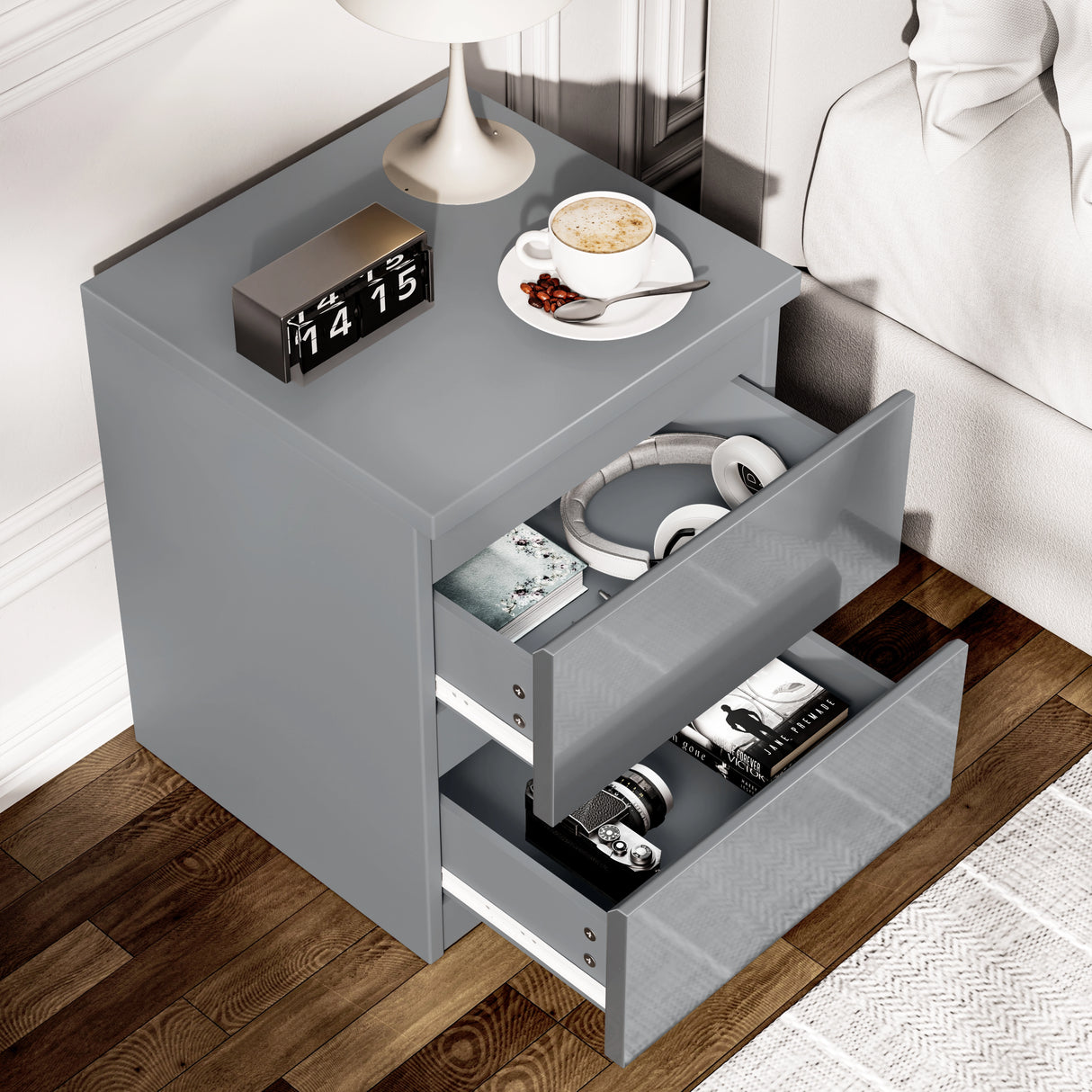 High Gloss 2 Drawer Bedside Table - Bedside Nightstand Drawers