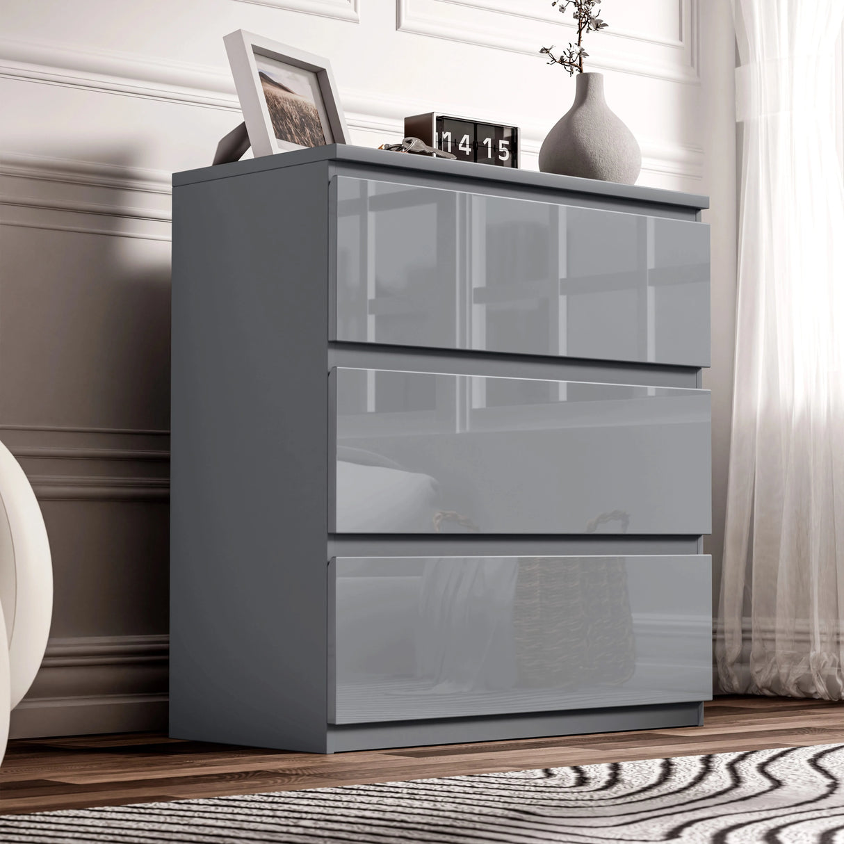High Gloss 3 Drawer Chest in sleek grey finish with handleless design, ideal for compact bedroom storage and modern interiors.