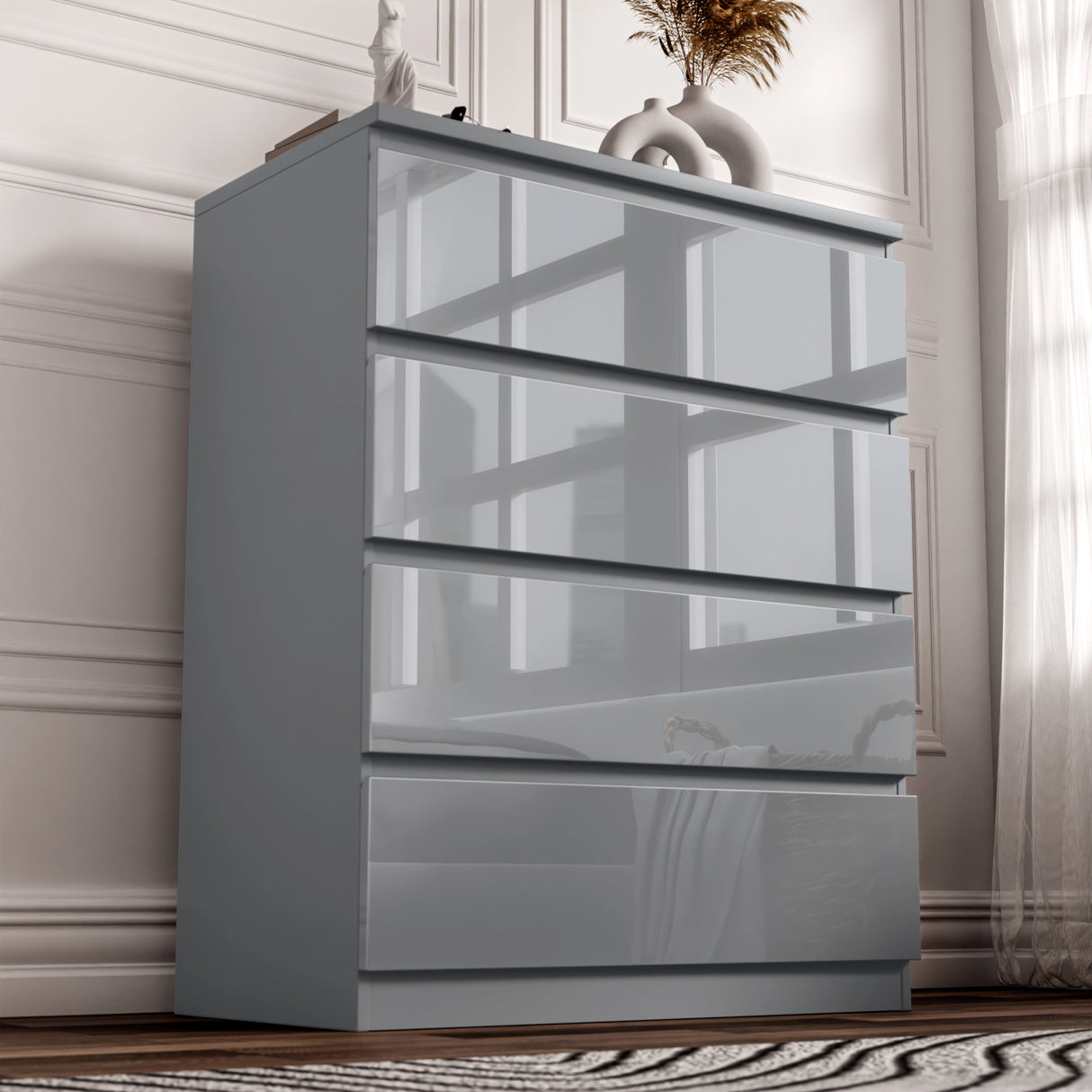 High Gloss 4 Drawer Chest of Drawers in sleek grey finish, ideal for modern bedroom storage with handleless design and reflective surface.