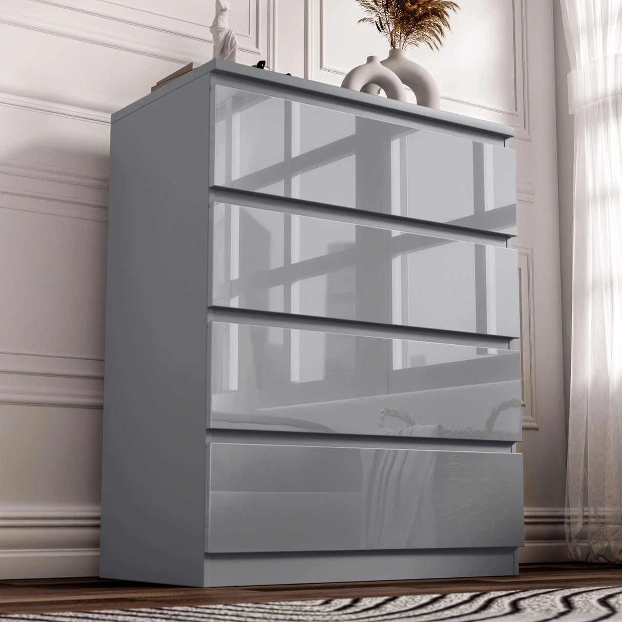 High Gloss 4 Drawer Chest of Drawers in sleek grey finish, ideal for modern bedroom storage with handleless design and reflective surface.