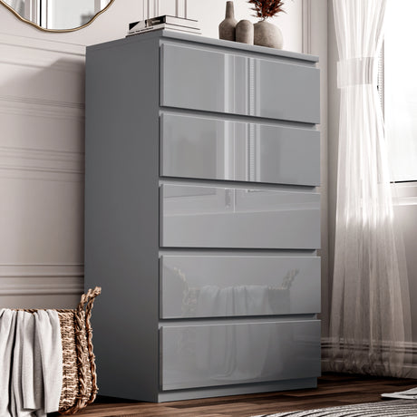 High Gloss Tall Chest of Drawers with 5 spacious drawers in sleek grey finish, ideal for modern bedroom storage and organization.
