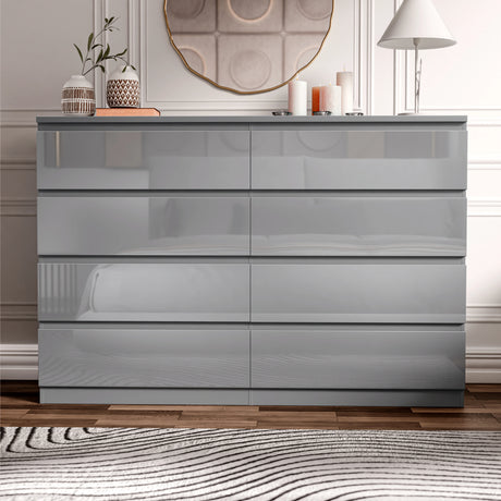 High Gloss Wide 8 Drawer Chest of Drawers in grey finish, ideal bedroom dresser for modern storage solutions. Features sleek design with ample drawer space.