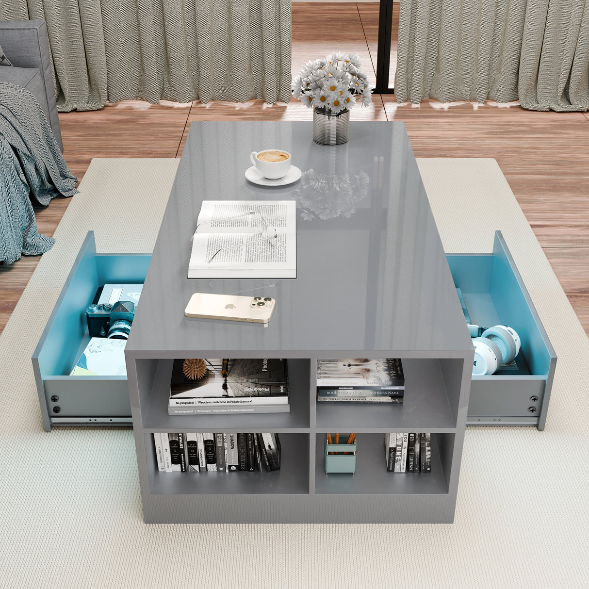 Grey coffee table with 2 drawers & storage compartments in a living room setting