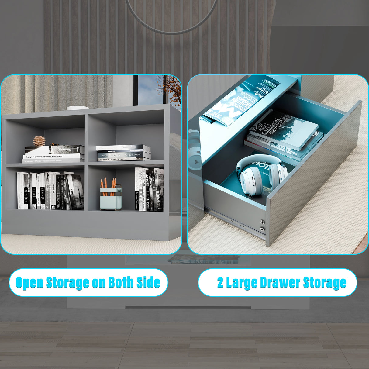 Close-up of grey LED coffee table showing open shelves and large drawers for functional and stylish storage.