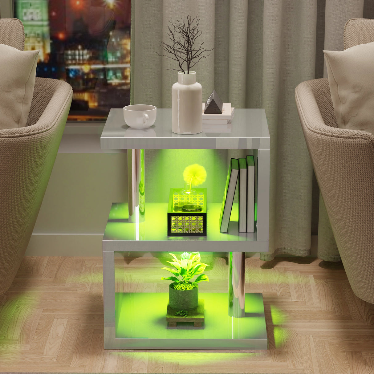 Grey LED end table with green lighting and high gloss finish, featuring 3 shelves for stylish and functional storage.