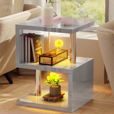 Modern grey high gloss side table with yellow LED lights and 3-tier shelving, perfect for contemporary interiors.