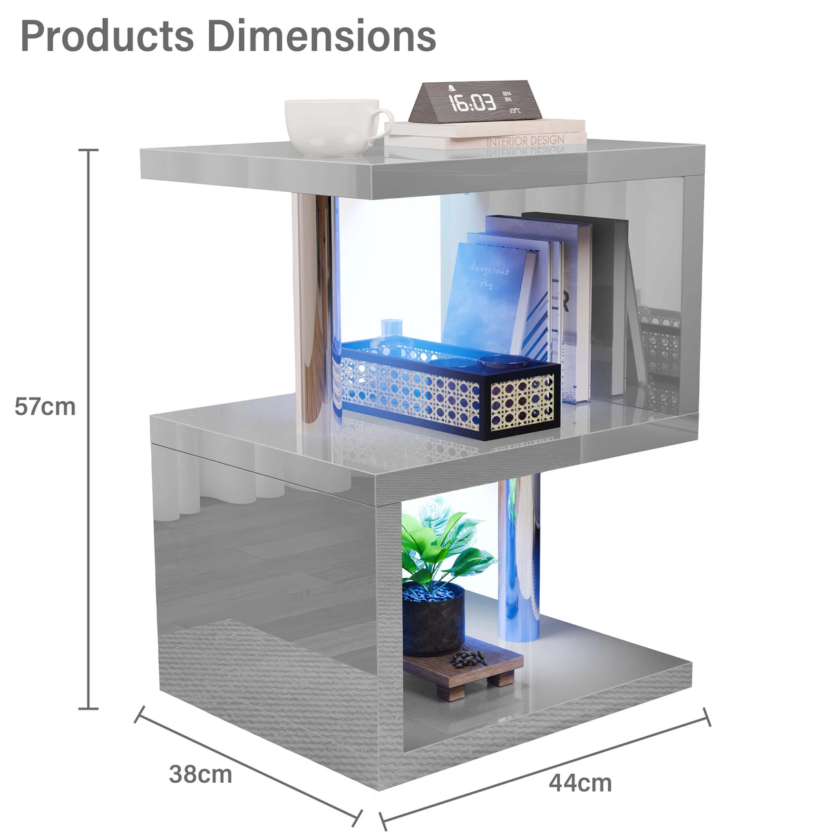 Dimensions of grey high gloss LED side table: 57cm tall, 44cm wide, and 38cm deep, suitable for small room layouts.