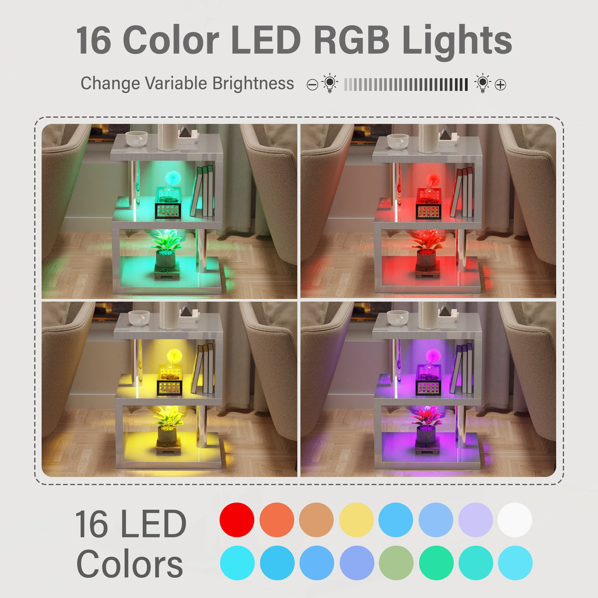 RGB LED lighting options for grey high gloss end table, showcasing 16 color modes and adjustable brightness settings.