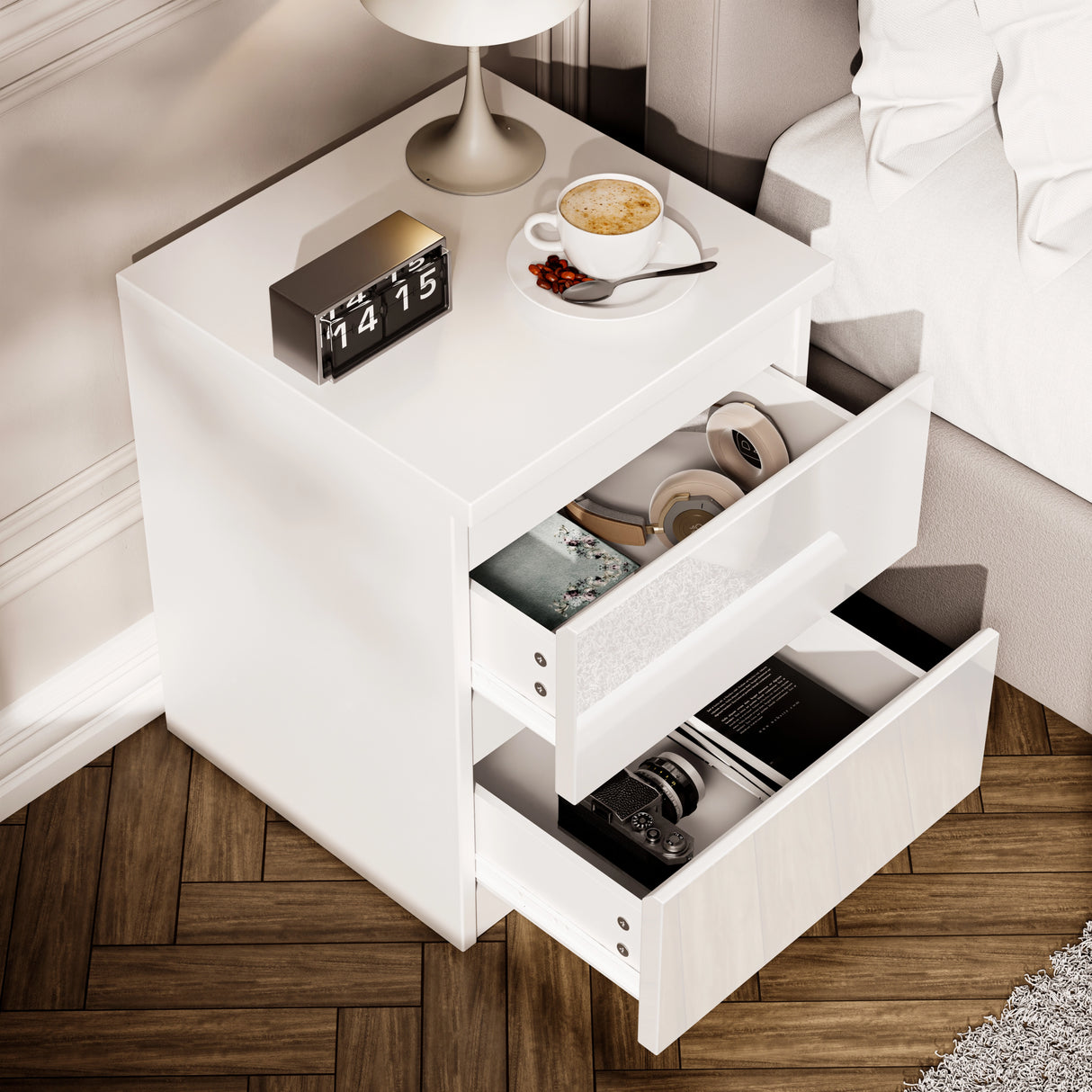 High Gloss 2 Drawer Bedside Table in white with modern design, open drawers showing storage for books and accessories. Ideal nightstand for bedrooms.