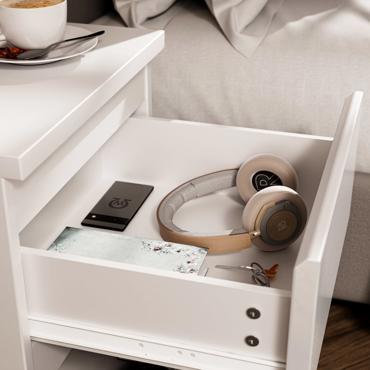 High Gloss 2 Drawer Bedside Table | Nightstand with Drawers in white finish, open drawer showing storage for headphones, phone, and accessories.