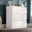 High Gloss 3 Drawer Chest of Drawers in white with handleless design, perfect for modern bedroom storage and compact spaces.