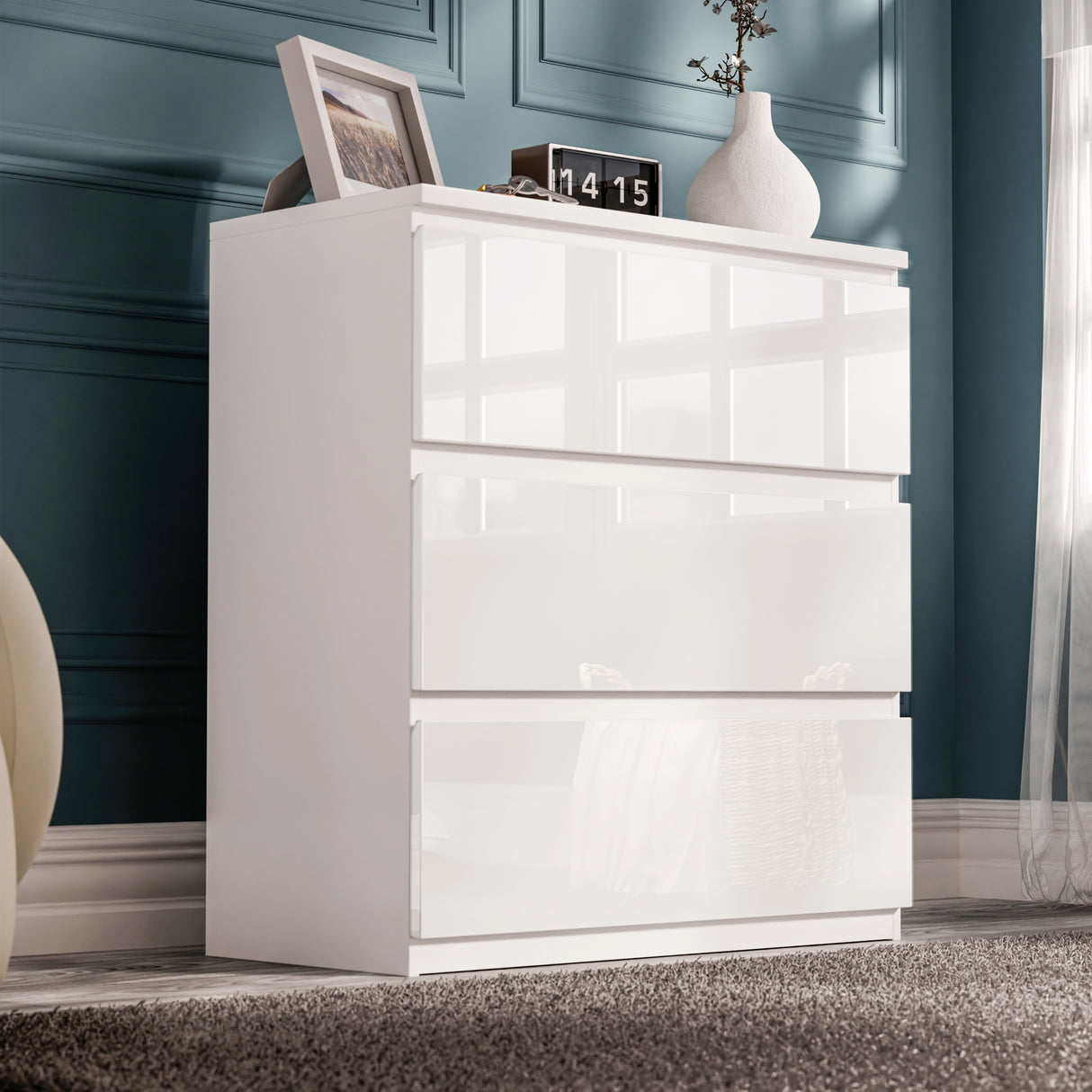 High Gloss 3 Drawer Chest of Drawers in white with handleless design, perfect for modern bedroom storage and compact spaces.