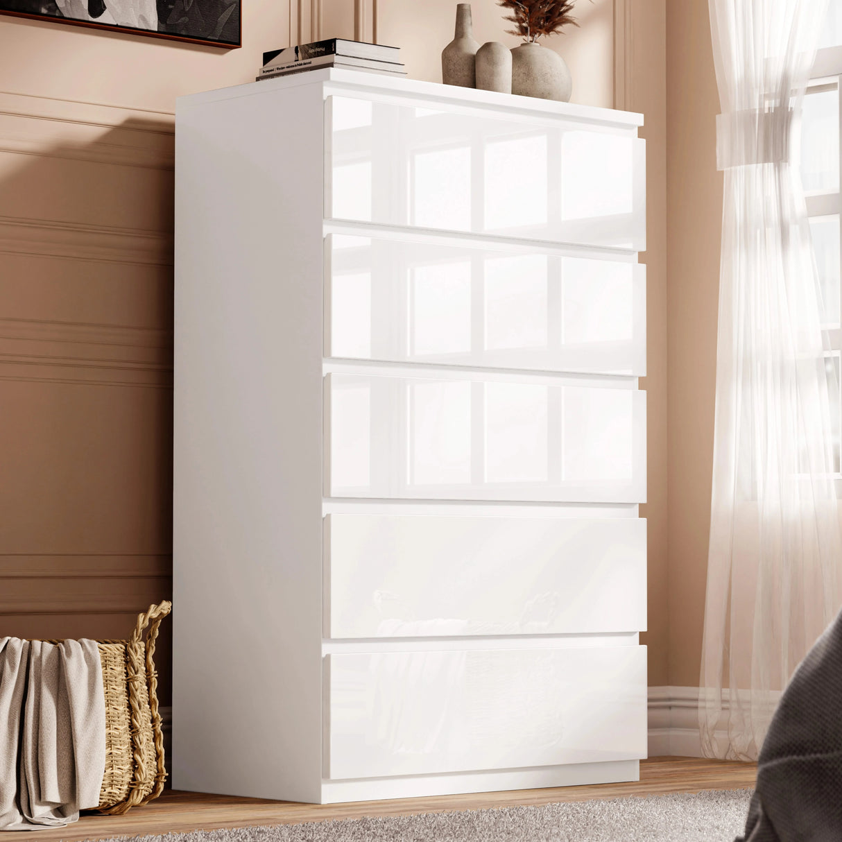 High Gloss Tall Chest of Drawers with 5 spacious drawers in a sleek white finish, ideal for modern bedroom storage and organization.