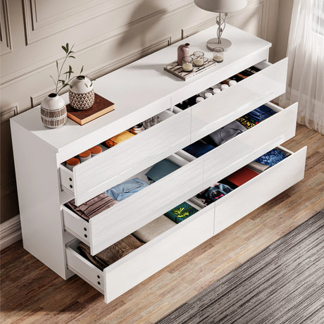 High Gloss Large 6 Drawer Chest of Drawers Bedroom Dresser in white with spacious open drawers, ideal for modern bedroom storage and organisation.