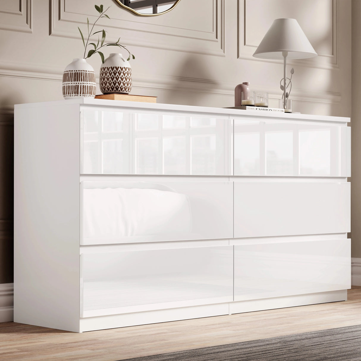 High Gloss Large 6 Drawer Chest of Drawers in sleek white finish with modern design, ideal for stylish bedroom storage solutions.